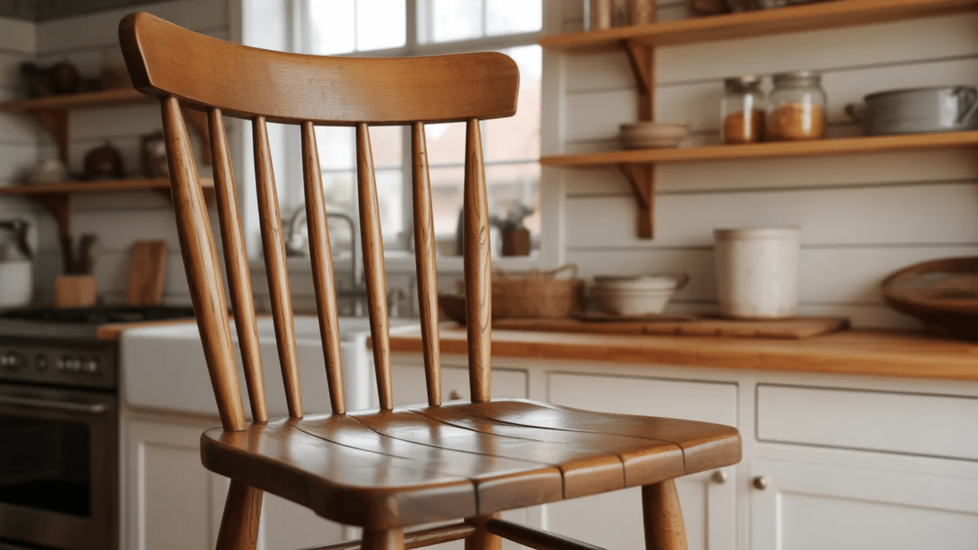 windsor chair with wooden spindle back curved top rail and traditional farmhouse style wooden frame