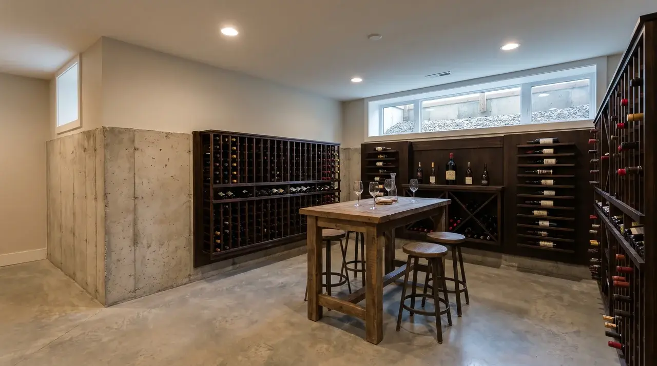 Basement wine cellar with wine racks and elevated windows