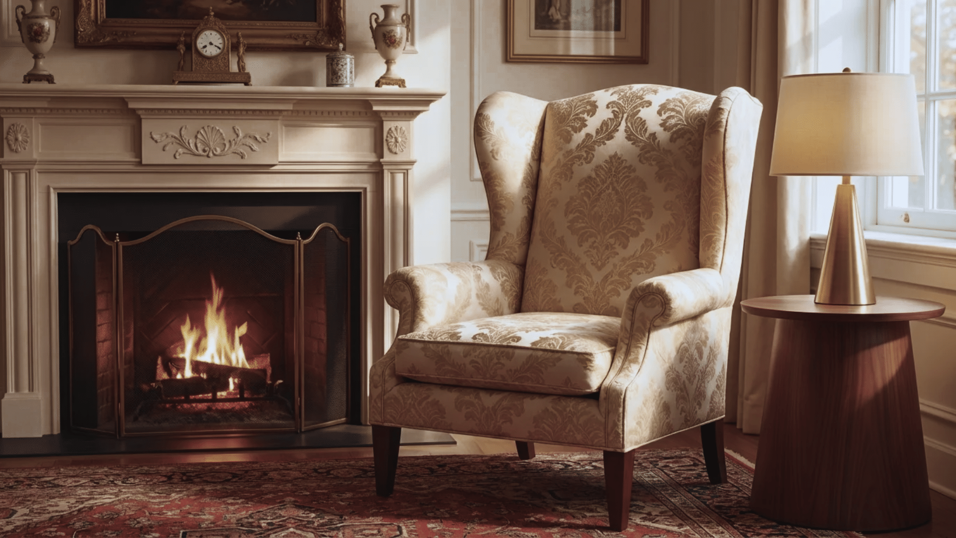 wingback chair with tall back and side wings designed to provide support and elegant traditional seating style