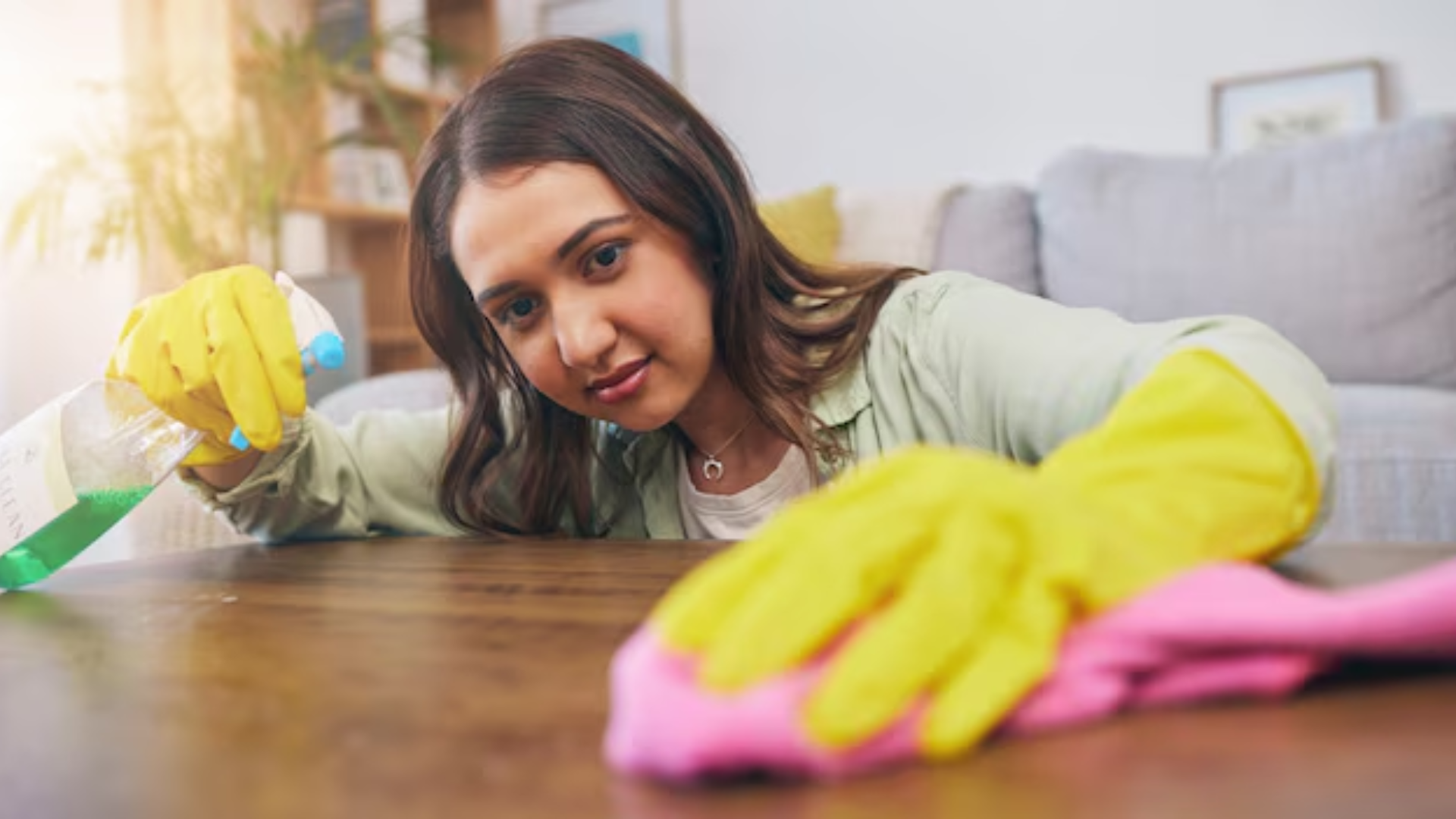 wiping furniture surface during regular house cleaning routine