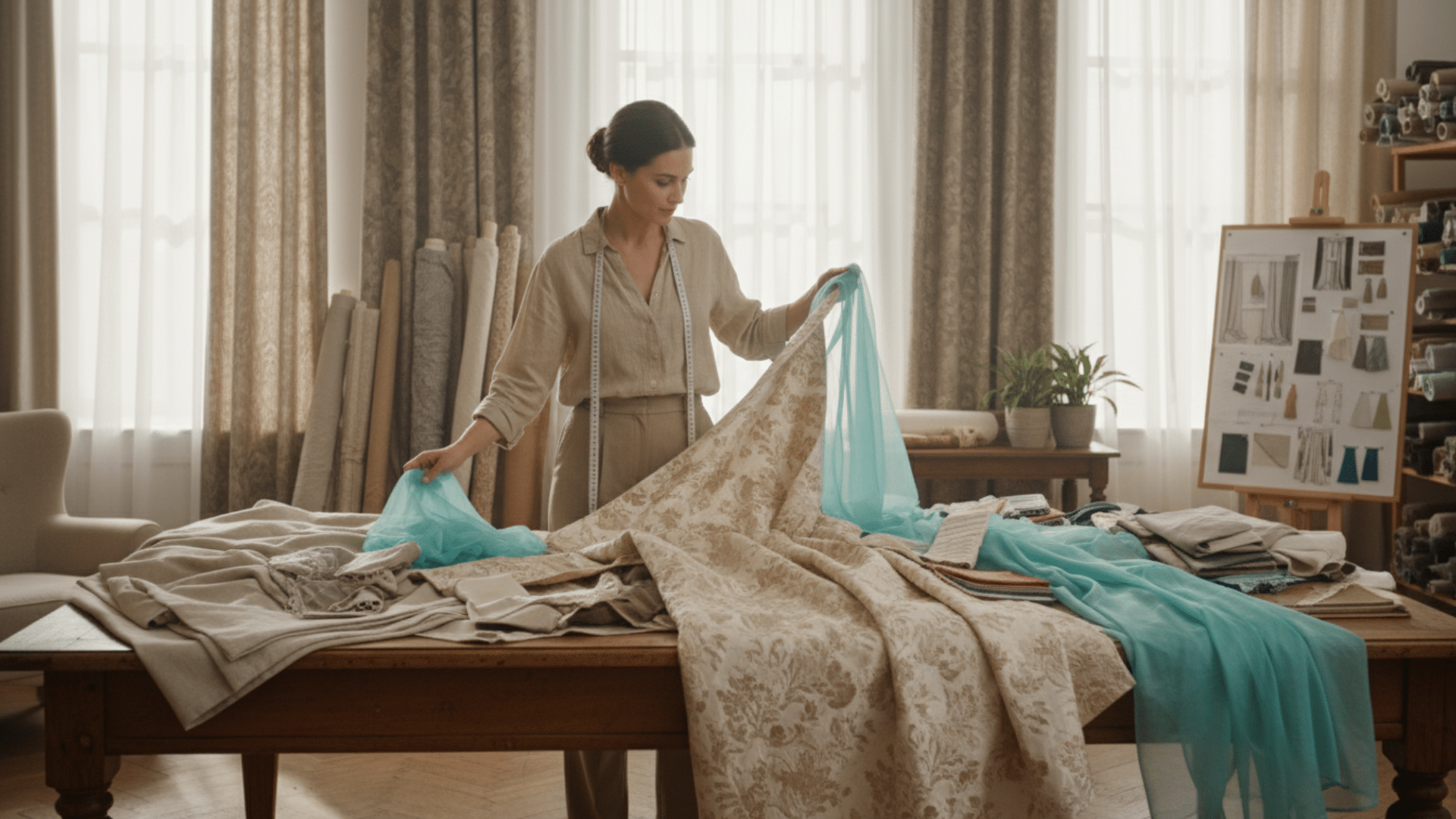 woman choosing curtain fabrics in design studio