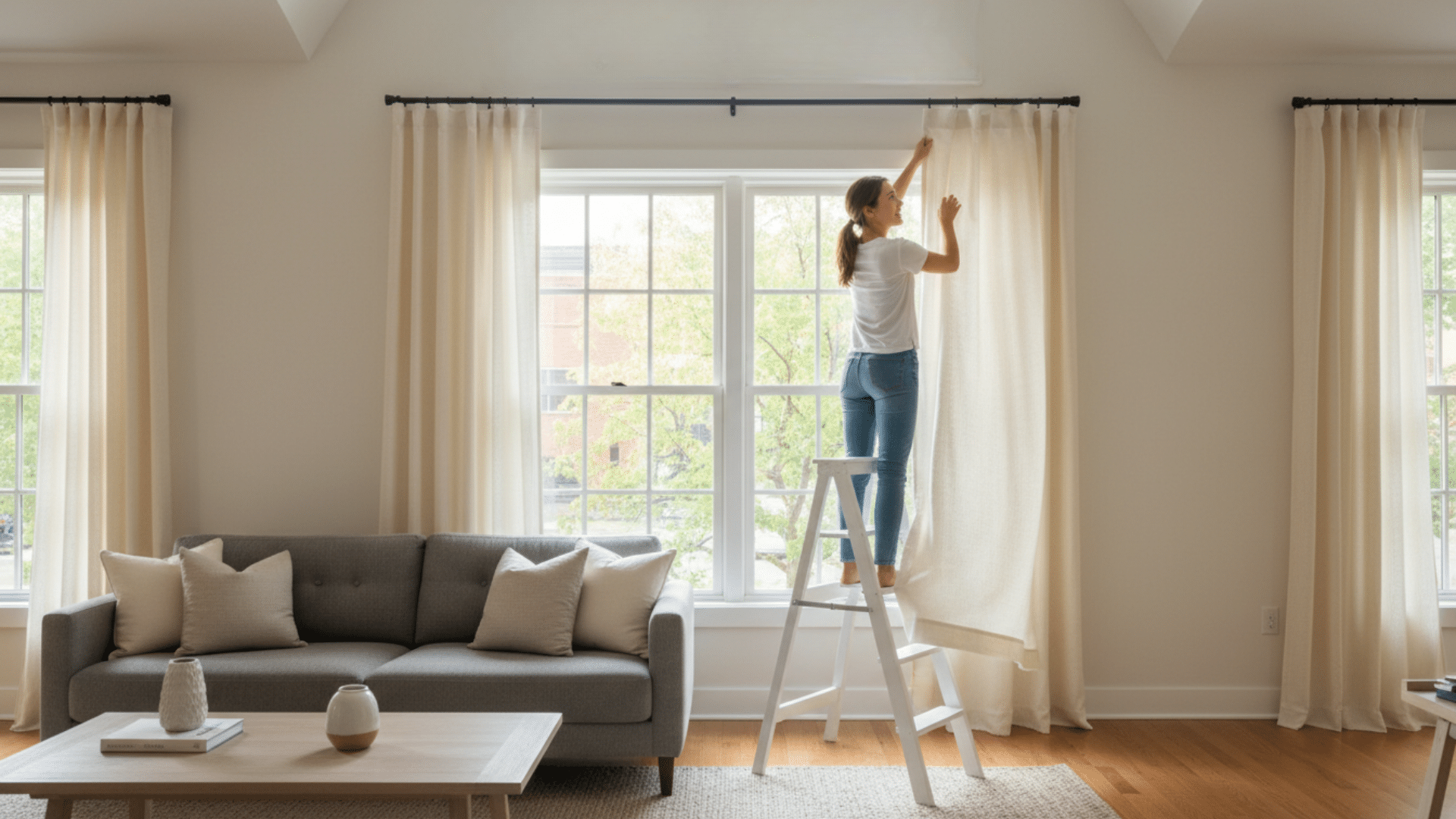woman hanging curtains on rod using ladder