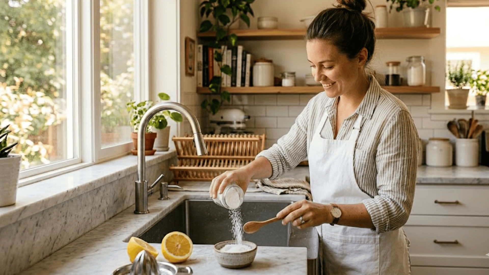 woman in kitchen adding salt to bowl near sink with lemons and natural cleaning setup smiling by window