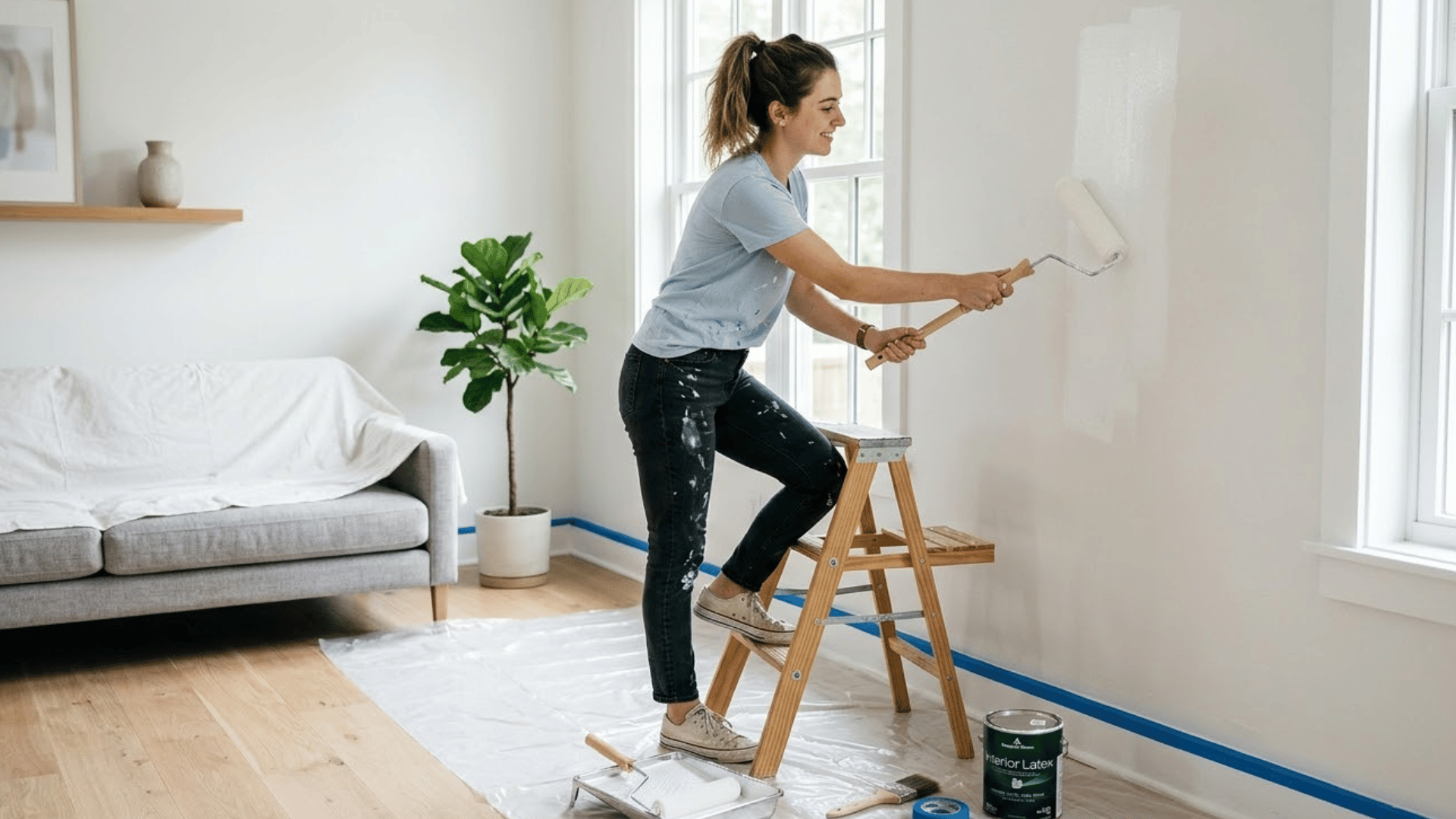 woman standing on ladder using roller painting wall in bright room with covered furniture how to paint a wall for beginners