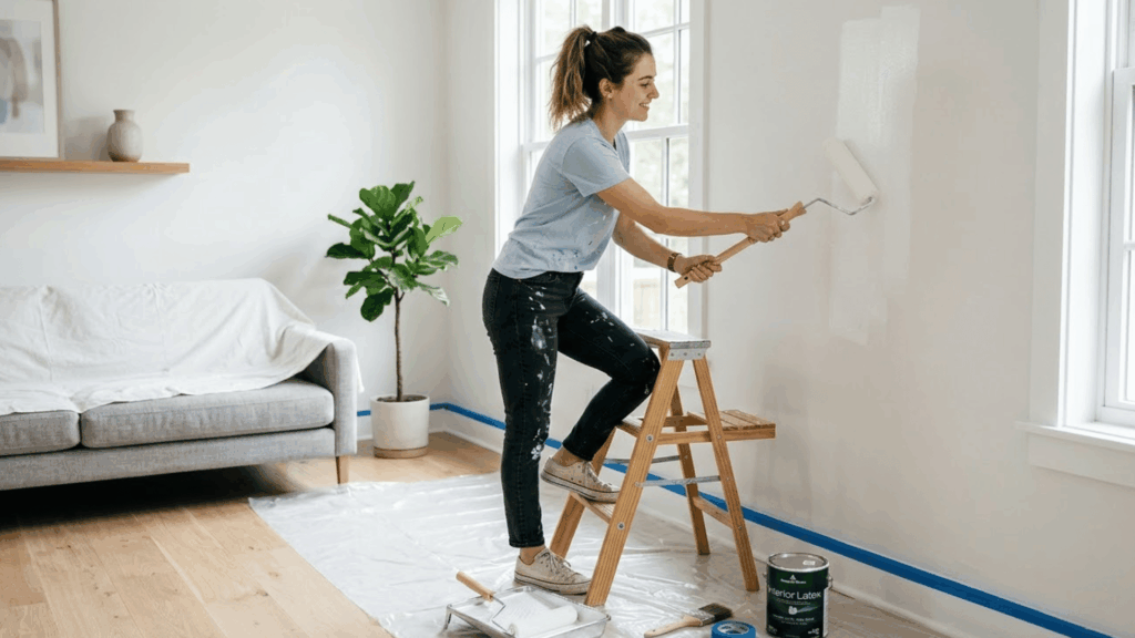 woman standing on ladder using roller painting wall in bright room with covered furniture how to paint a wall for beginners