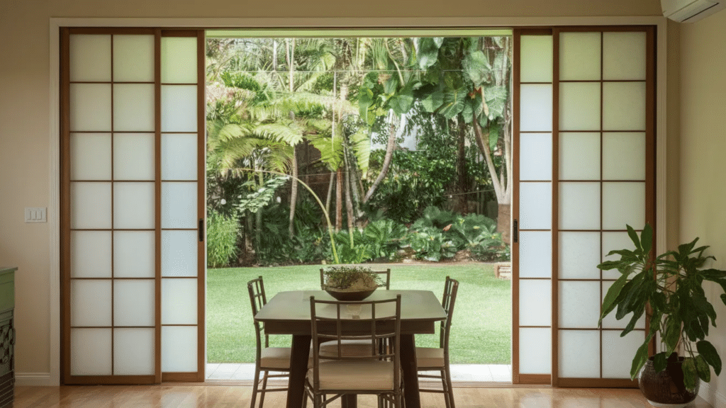 wood framed sliding doors opening to lush garden view