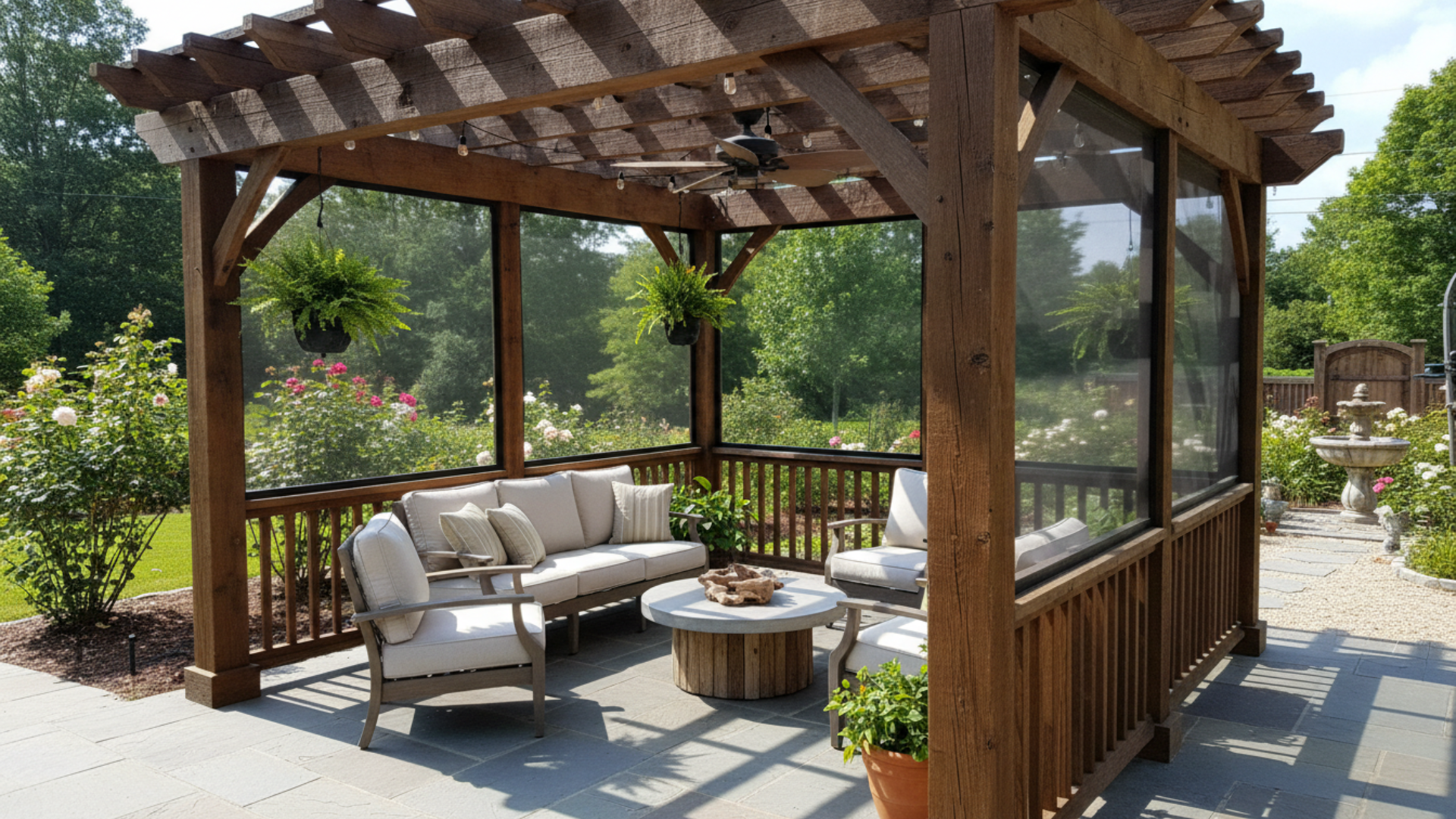 wood pergola patio with screens and  seating