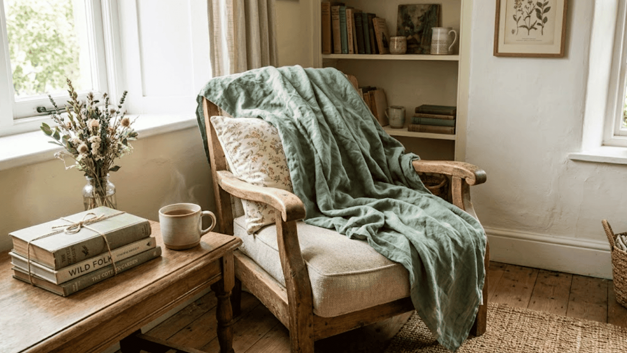 wooden armchair with soft green blanket near window cozy reading corner farmhouse style