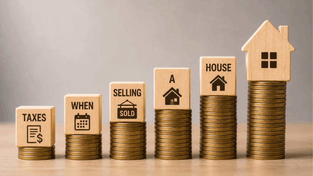 wooden blocks on stacked coins showing steps of taxes when selling a house concept with rising cost levels and home icon