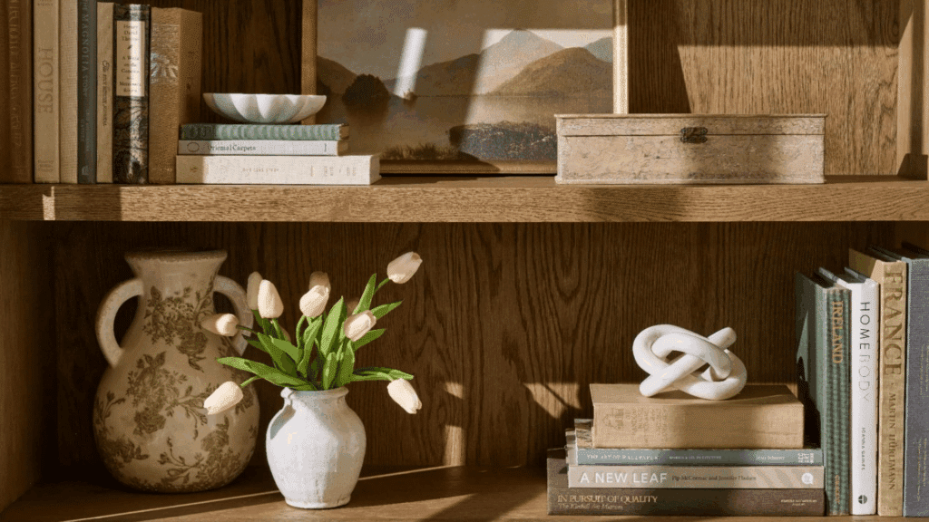 wooden bookshelf with books framed art tulips and ceramic decor in warm natural sunlight