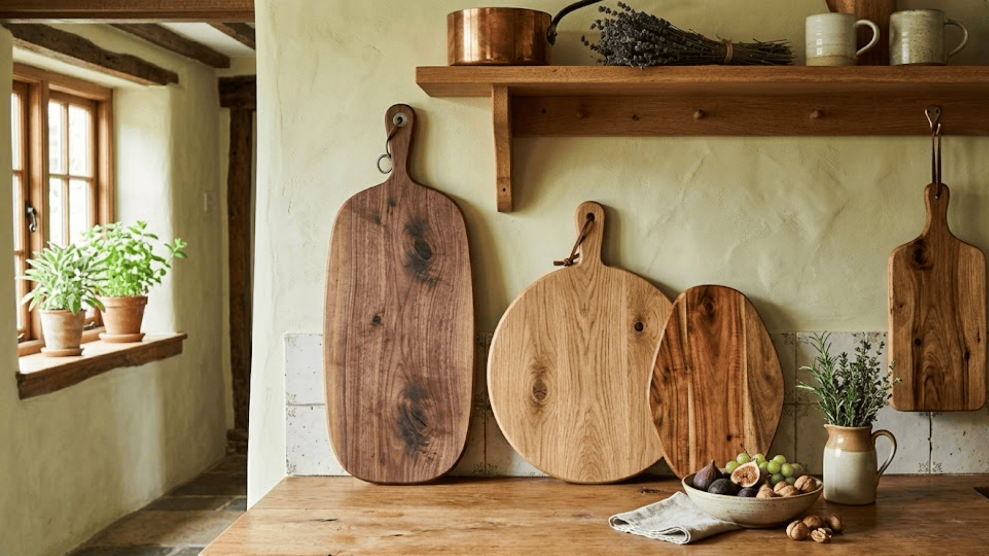 wooden cutting boards on rustic kitchen wall with herbs and bowls natural farmhouse kitchen decor