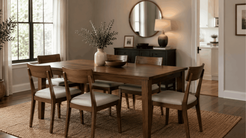 What Is the Standard Kitchen Table Height? wooden dining table with six chairs in a warm modern dining room with soft natural light and cozy decor