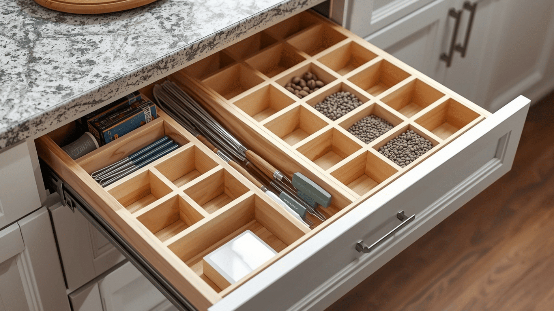 wooden drawer organizer with compartments for utensils showing how to organize kitchen drawers efficiently