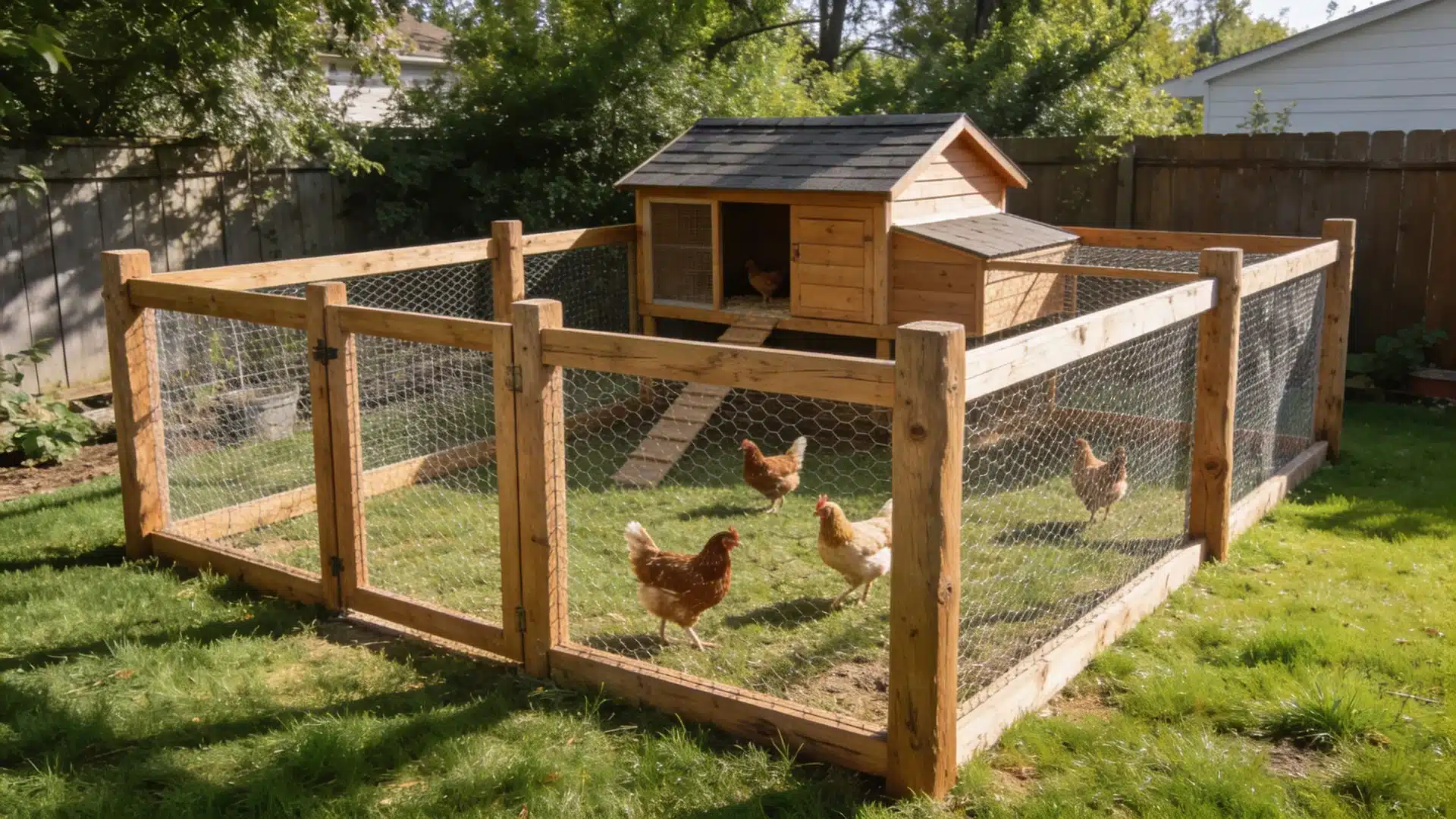 wooden frame chicken run with wire mesh in a backyard attached coop and chickens roaming on grass in sunlight