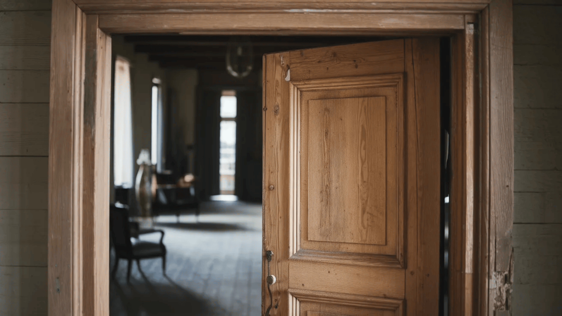 wooden interior door partially open within a rustic doorway showing natural wood frame trim and hallway inside a home