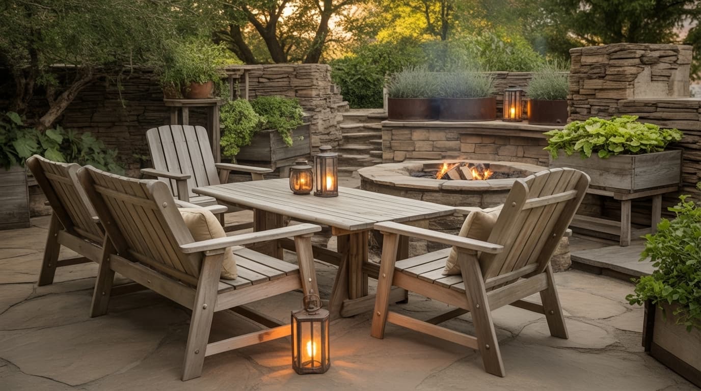 wooden patio seating with table lanterns and fire pit in garden setting showing outdoor patio ideas and patio decor ideas