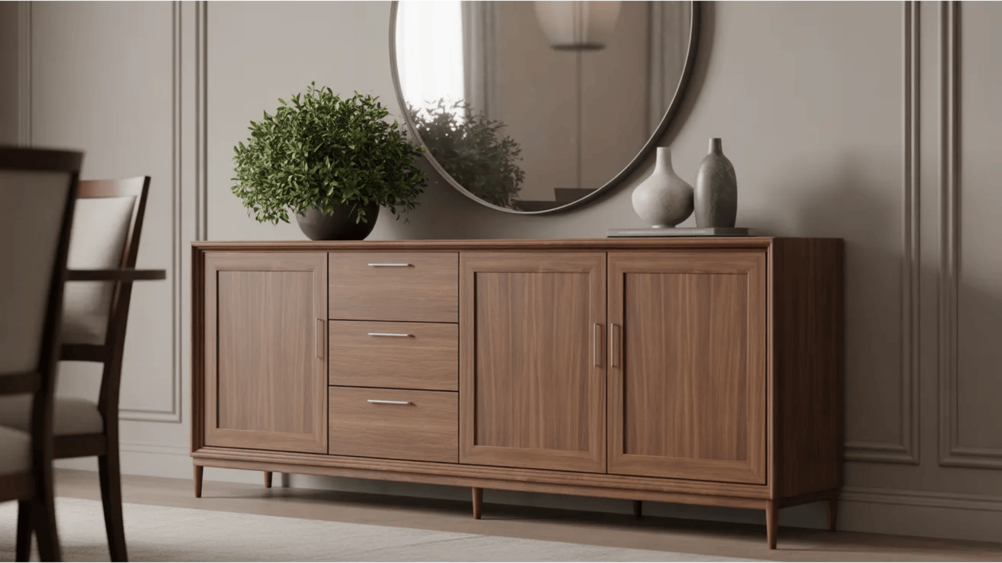 wooden sideboard cabinet with decorative vases and round mirror styled along the wall of a sophisticated transitional dining room