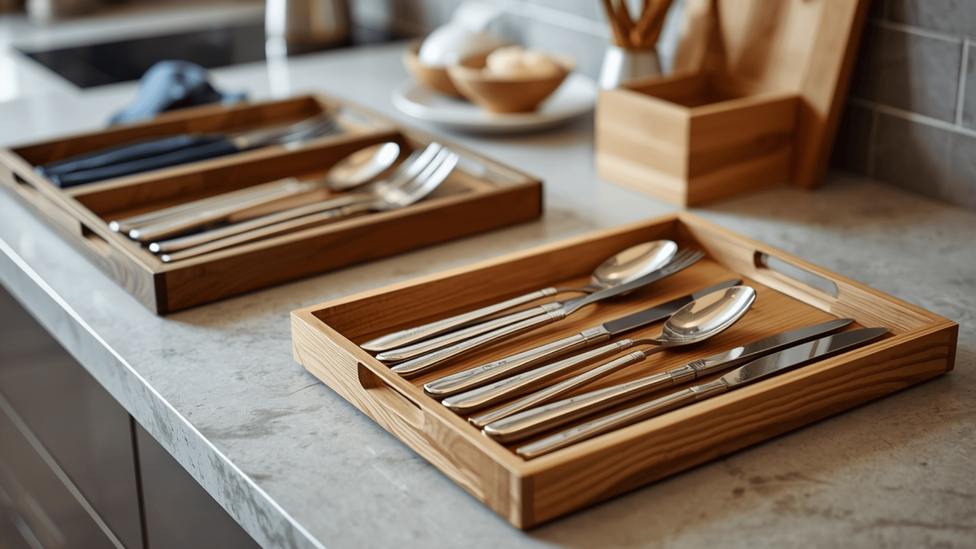 wooden trays with neatly arranged cutlery on kitchen counter showing how to organize kitchen drawers efficiently