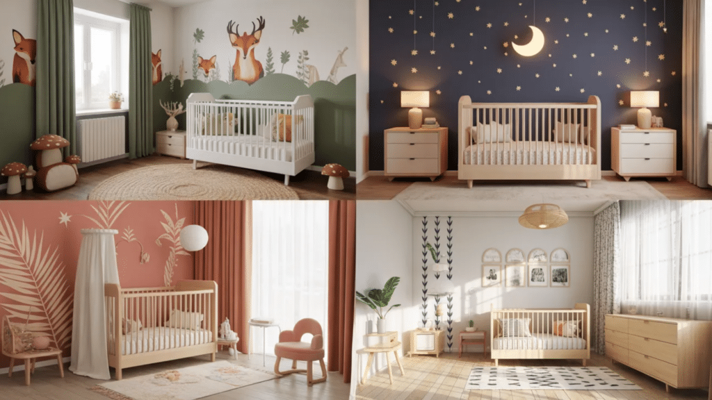 woodland starry night boho and minimalist nursery room design ideas with cribs and decorative themed walls