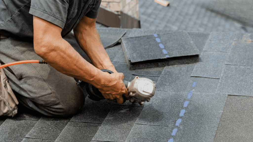 How Much Does Roof Shingle Replacement Cost? worker installing asphalt roof shingles with pneumatic nail gun during residential roof replacement project