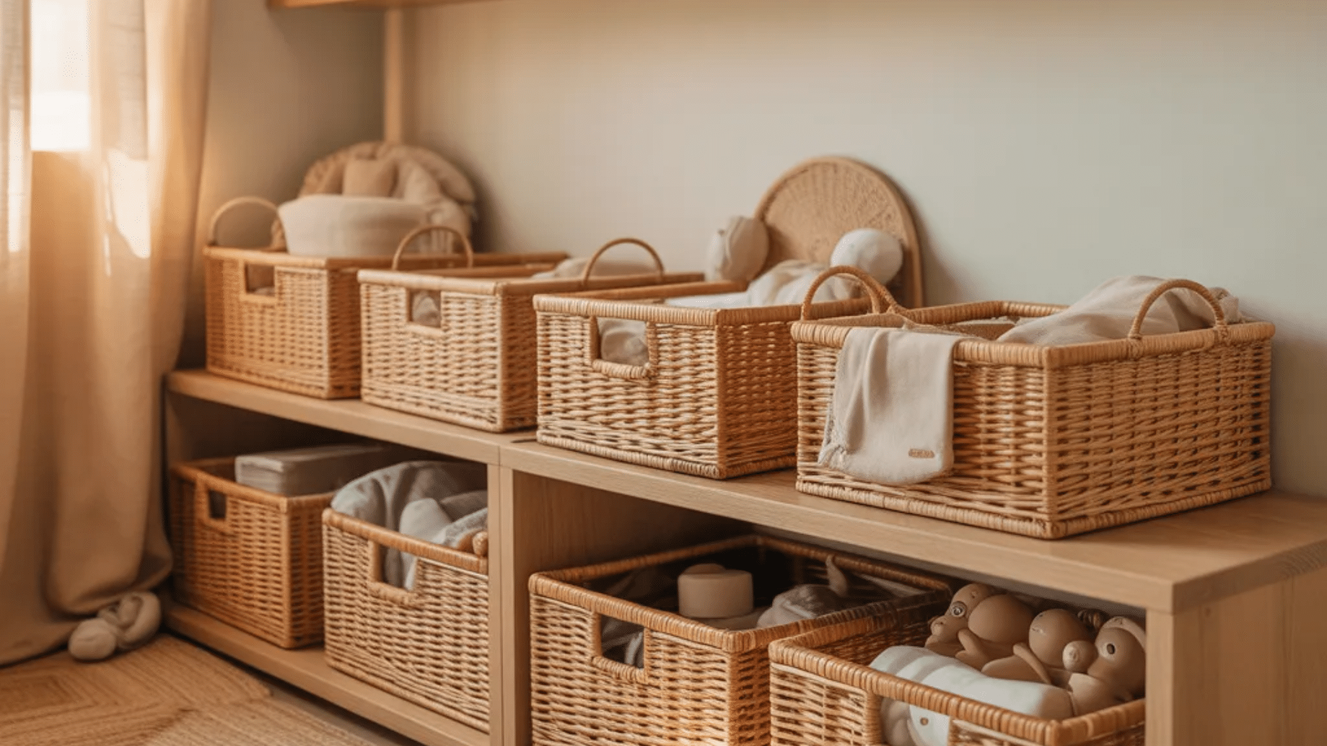 woven basket organizer nursery ideas with wooden shelves wicker storage