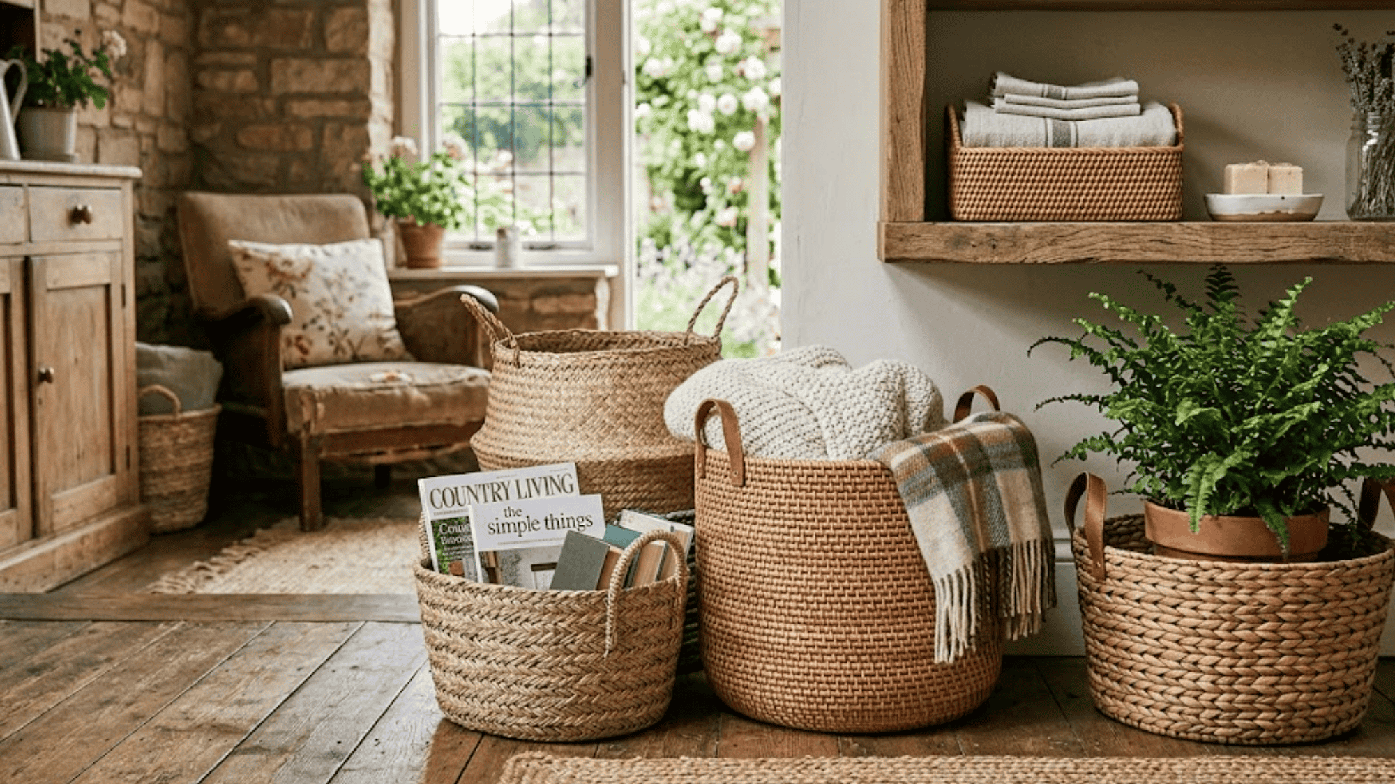 woven baskets with blankets and magazines in rustic living room with wooden shelves and plants