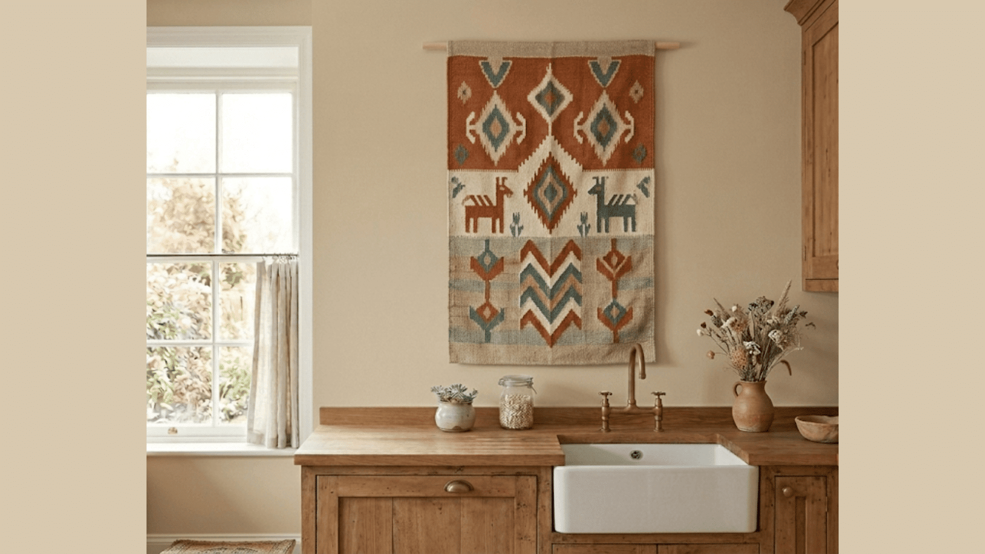 woven tapestry wall decor above kitchen sink with wooden cabinets and window