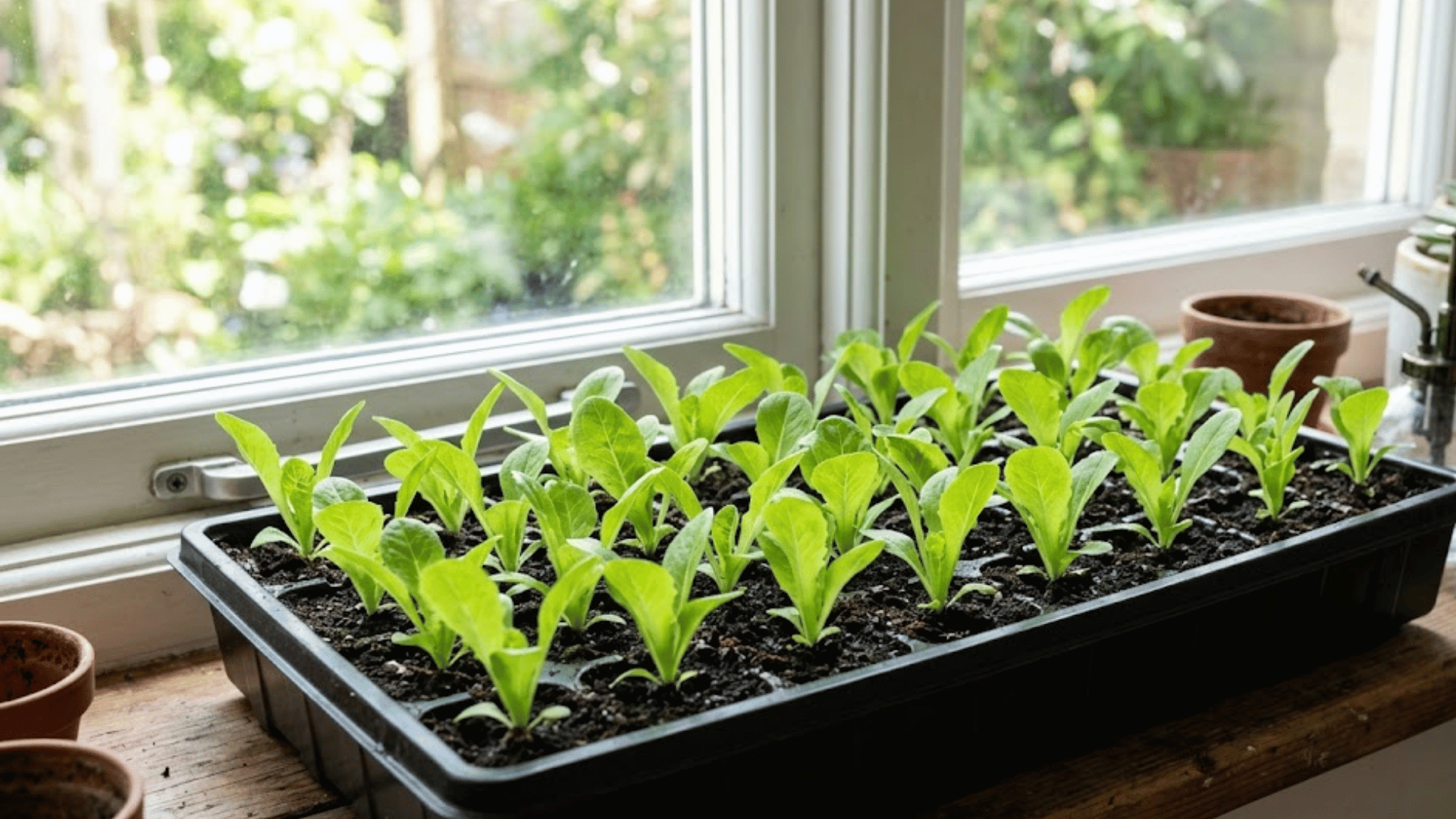 young green seedlings growing in a tray on a windowsill with sunlight and garden view outside