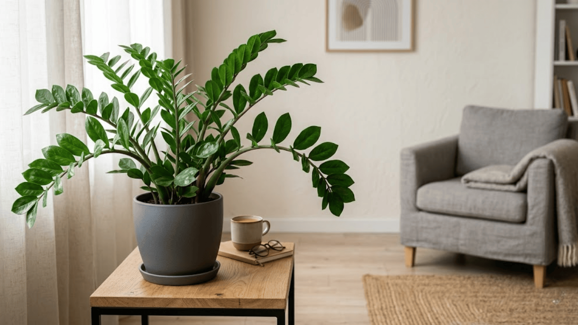 zz plant on wooden table beside chair showing popular house plants for low light living room decor
