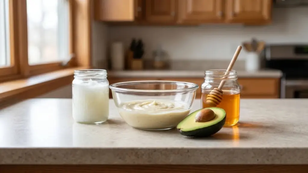 coconut oil honey and avocado arranged around bowl on kitchen counter for DIY hair mask