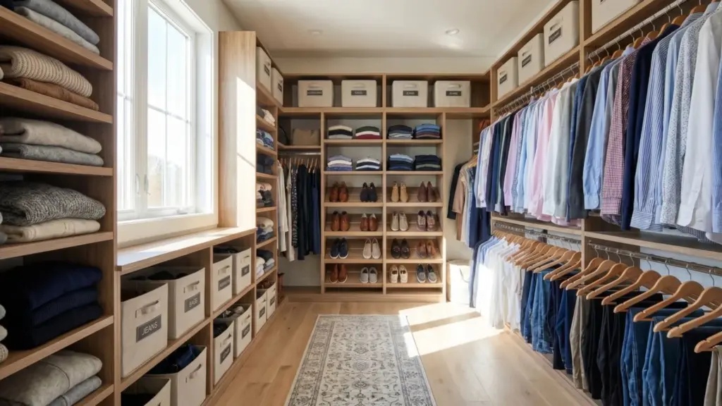 Walk-in closet with shelves, rods, and bins neatly organized, maximizing storage and accessibility in a bright, tidy space.