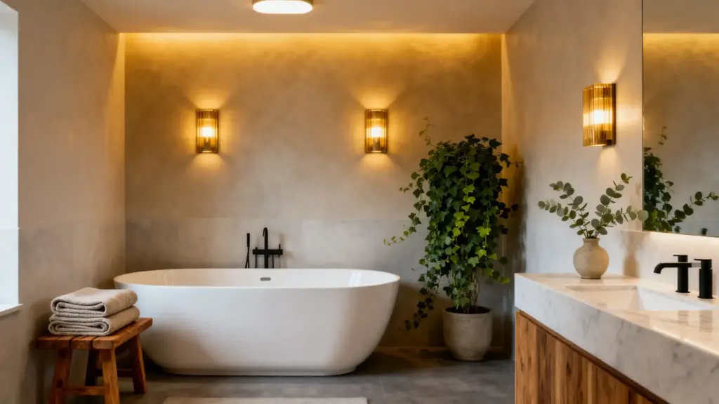 8 Small Bathroom Upgrades That Make Your Bathroom Feel Like a Spa Luxurious bathroom with freestanding bathtub, wooden stool, and indoor plant under warm lighting
