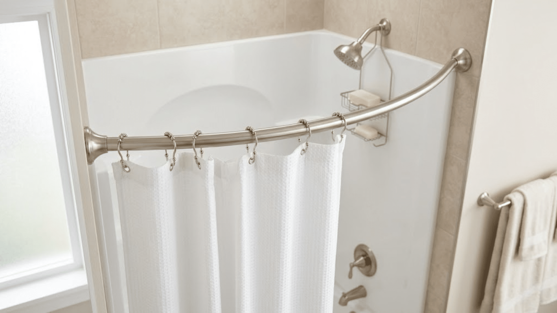 A bathtub and shower with a curved curtain rod, white waffle weave curtain, and brushed nickel fixture.