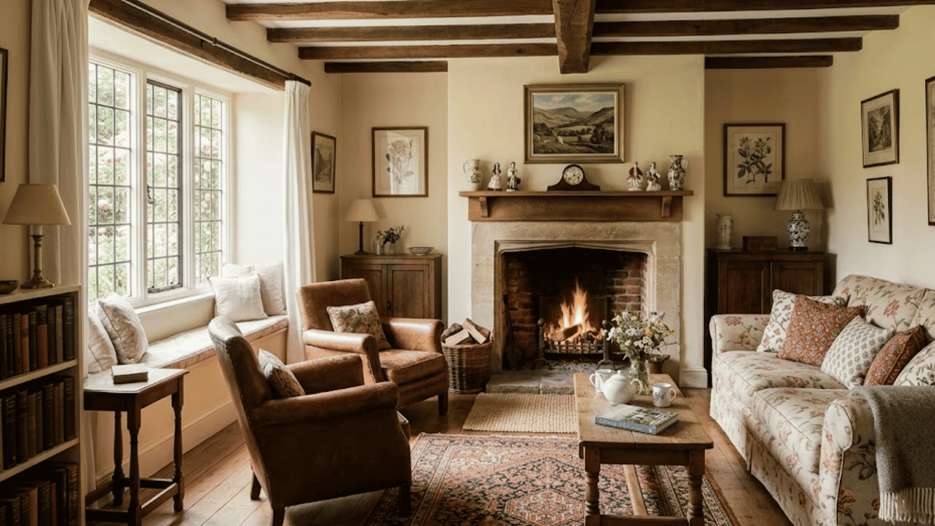 a cozy cottage living room with a fireplace and large windows looking out to a garden