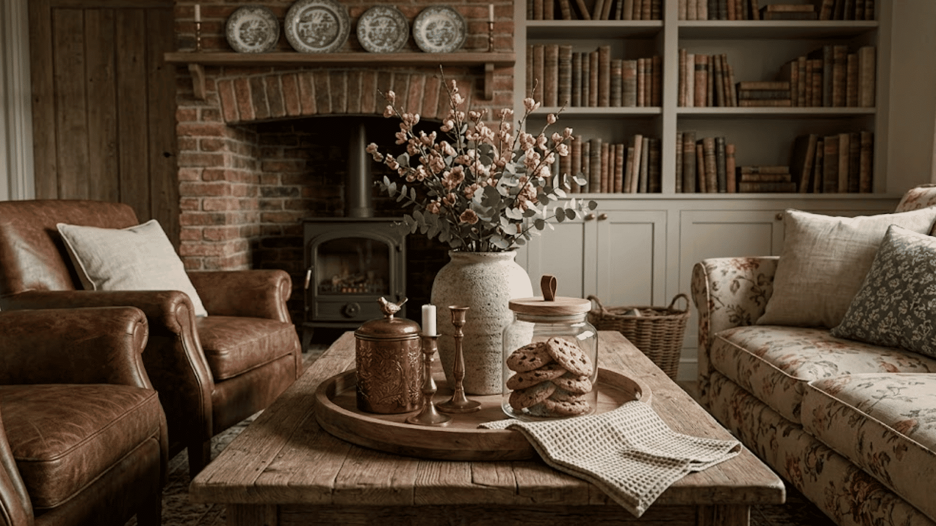 a cozy rustic living room with a large vase of pink flowers and a glass jar of chocolate chip cookies on the coffee table