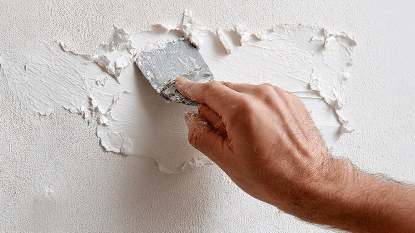 a hand uses a scraper to apply white putty onto a wall over peeling paint and textured surface