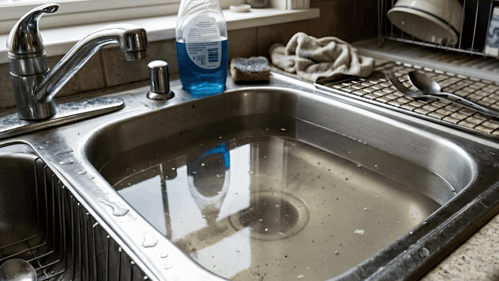 a kitchen sink filled with cloudy standing water beside a dish rack and cleaning supplies near a window (2)