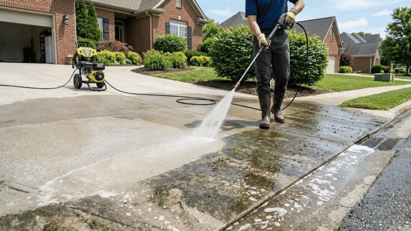 a person uses a pressure washer to clean a dirty concrete driveway revealing a bright surface underneath