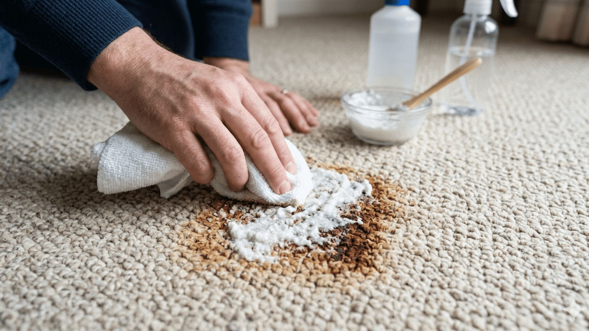 a person uses a white cloth to blot baking soda paste onto a large brown stain on a textured beige carpet