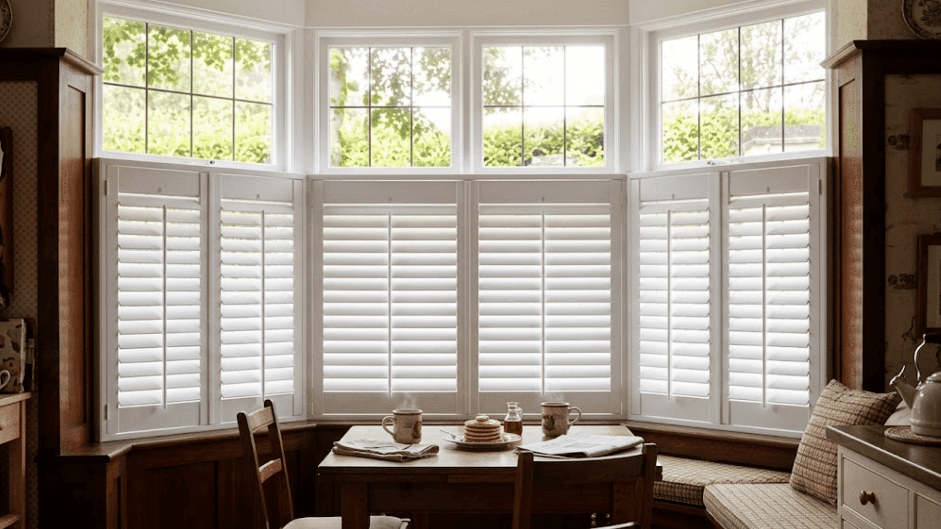 A warm kitchen breakfast nook with white cafe-style shutters on a large window and pancakes on the table