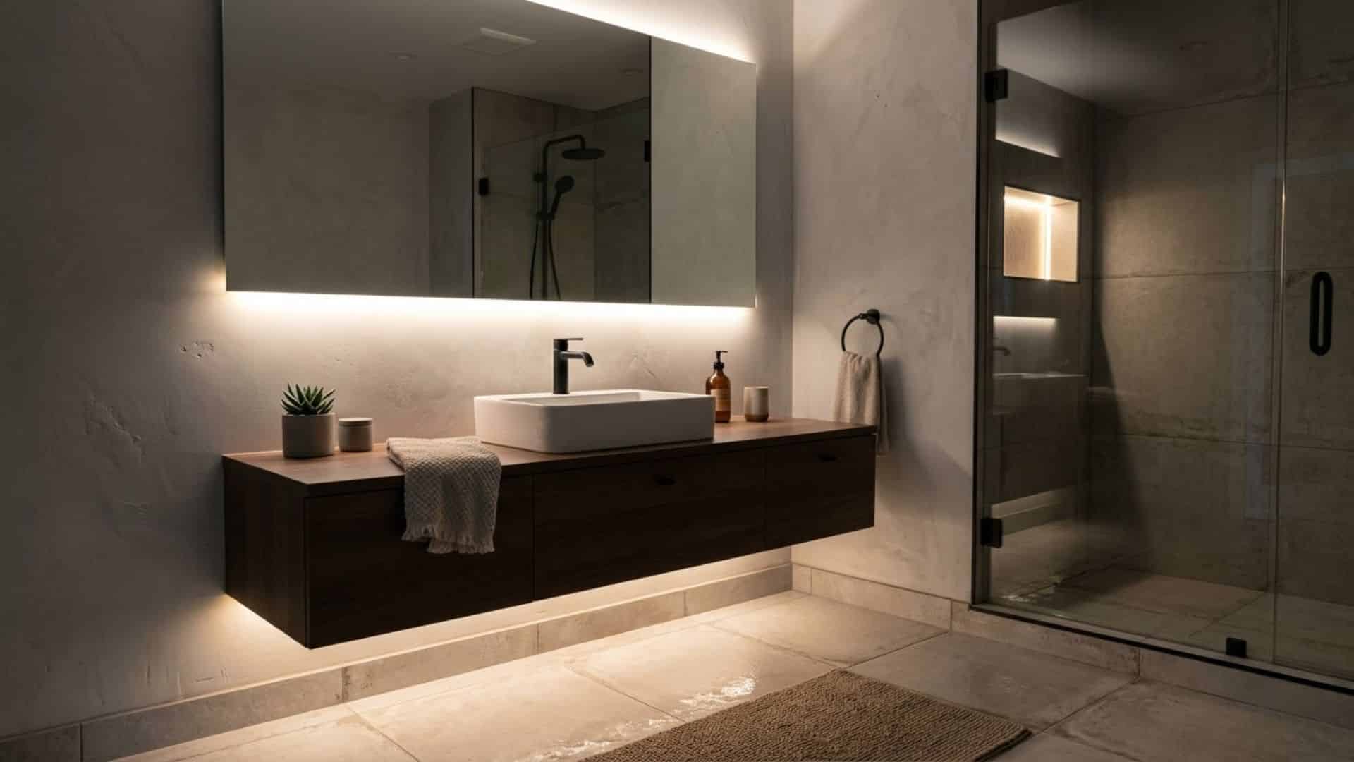 accent lighting strips in basement bathroom under vanity and mirror creating soft glow and calm modern interior mood