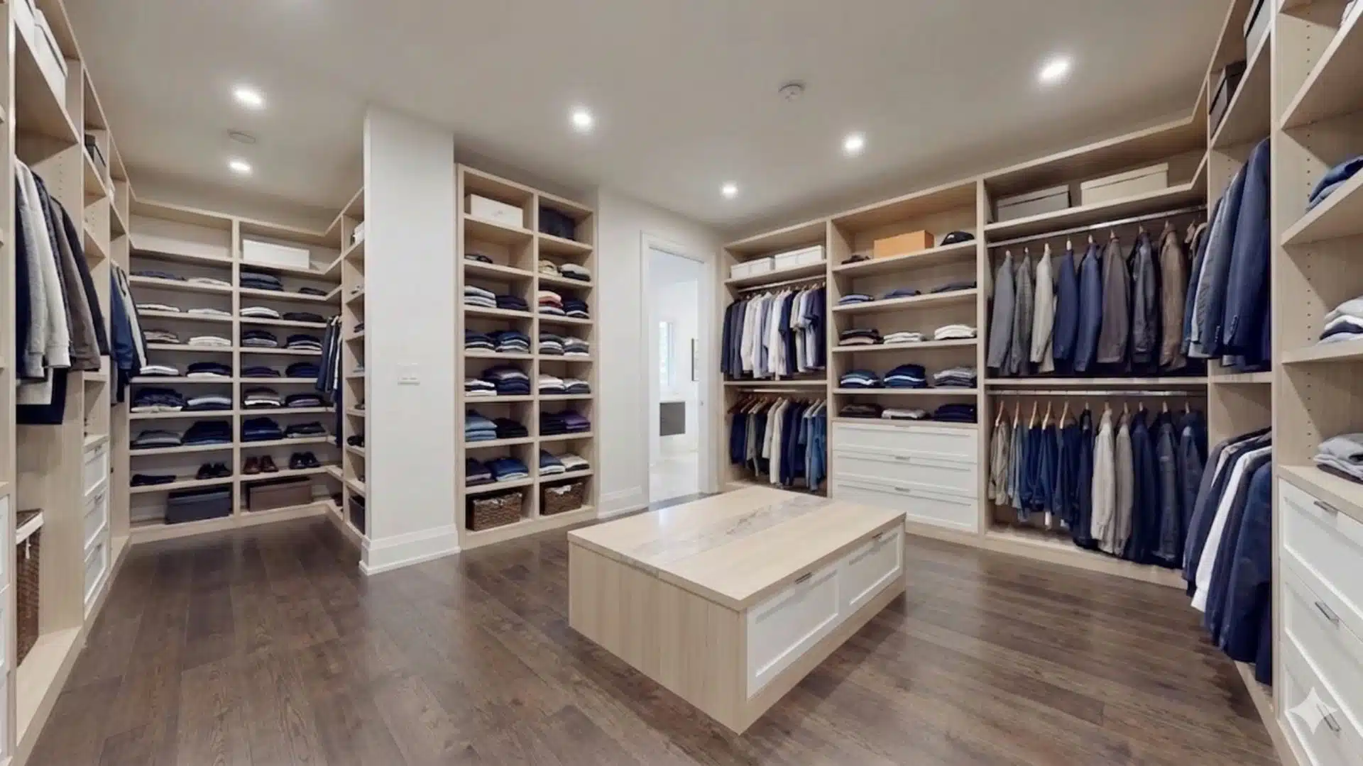 walk-in closet with center island bench, drawers below, and clear walking space around it