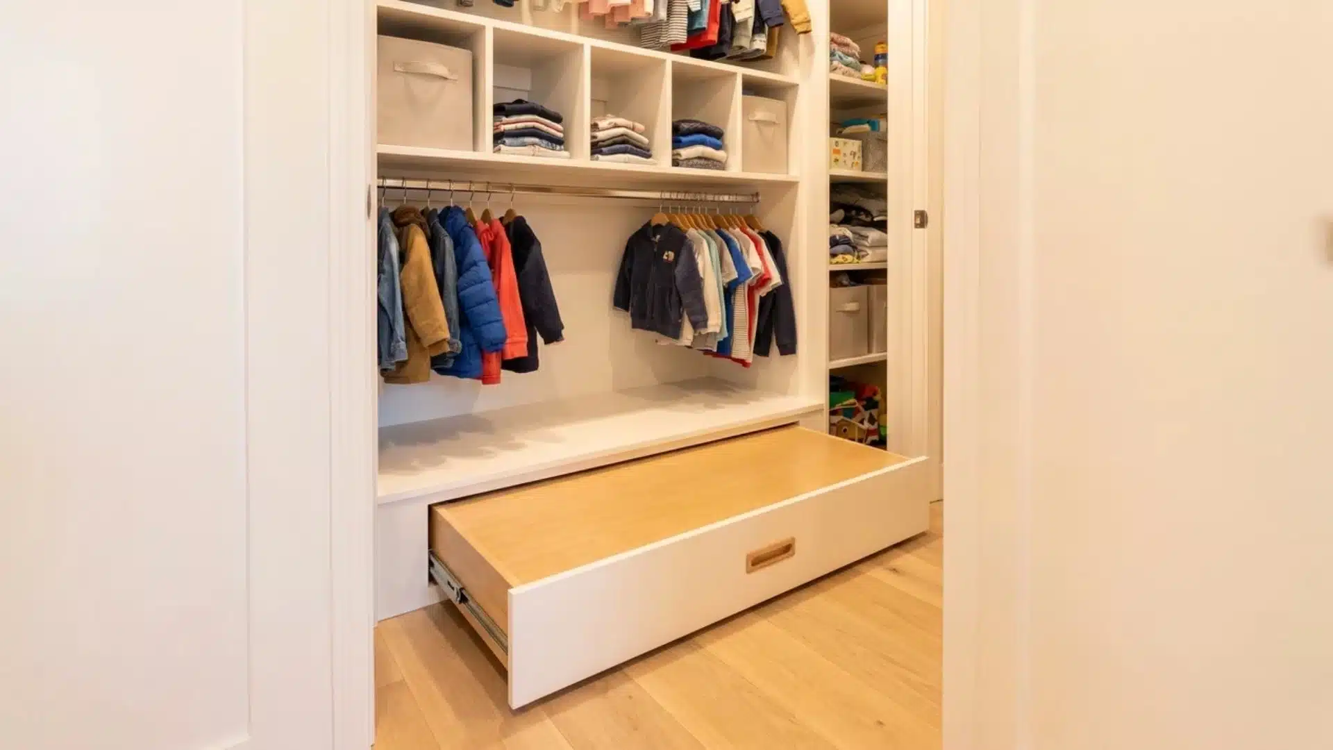 kids closet with pull-out step extended from lower base beneath hanging storage
