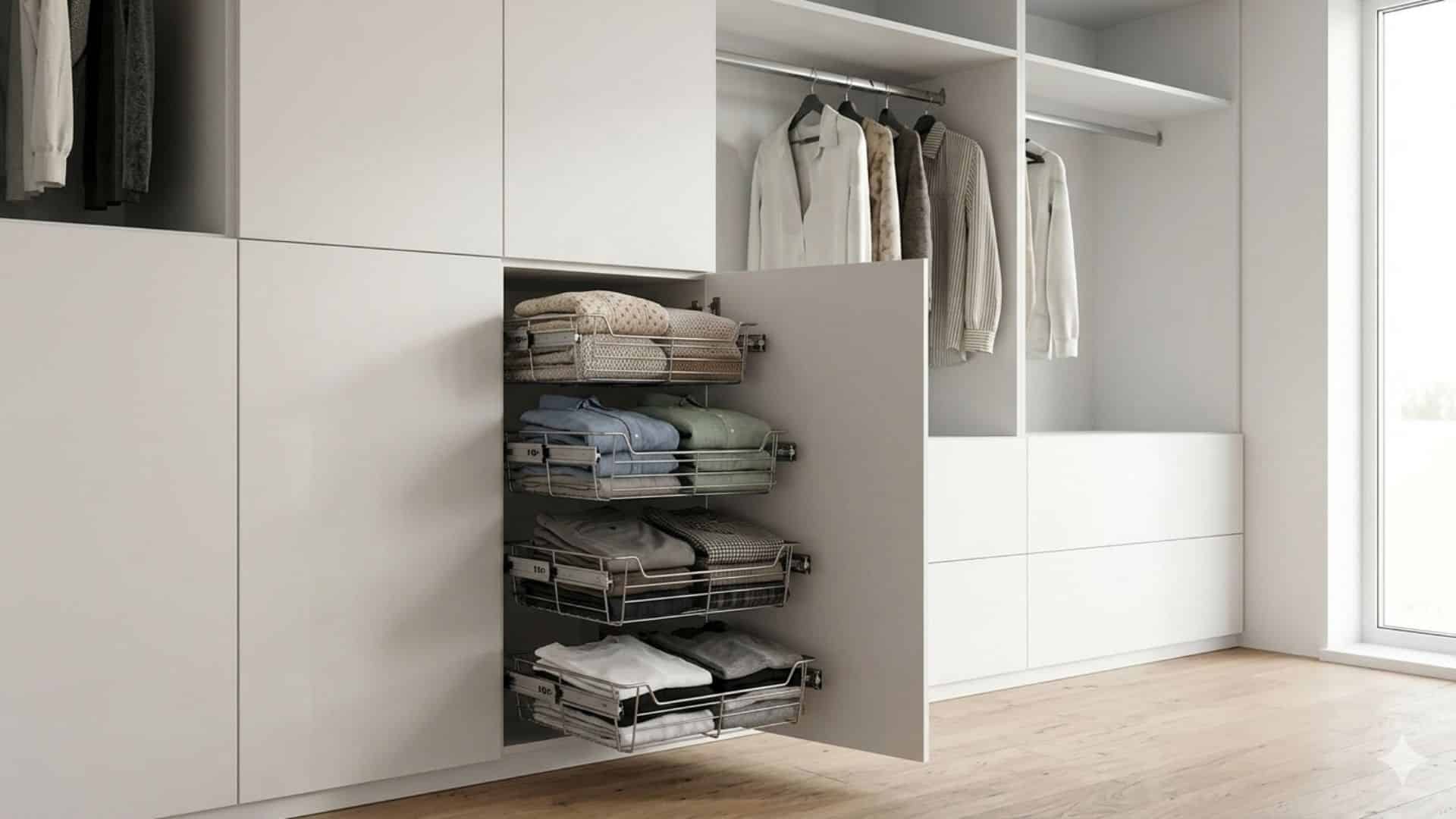 built-in closet cabinet with pull-out wire basket storage system revealed behind open door in walk-in closet