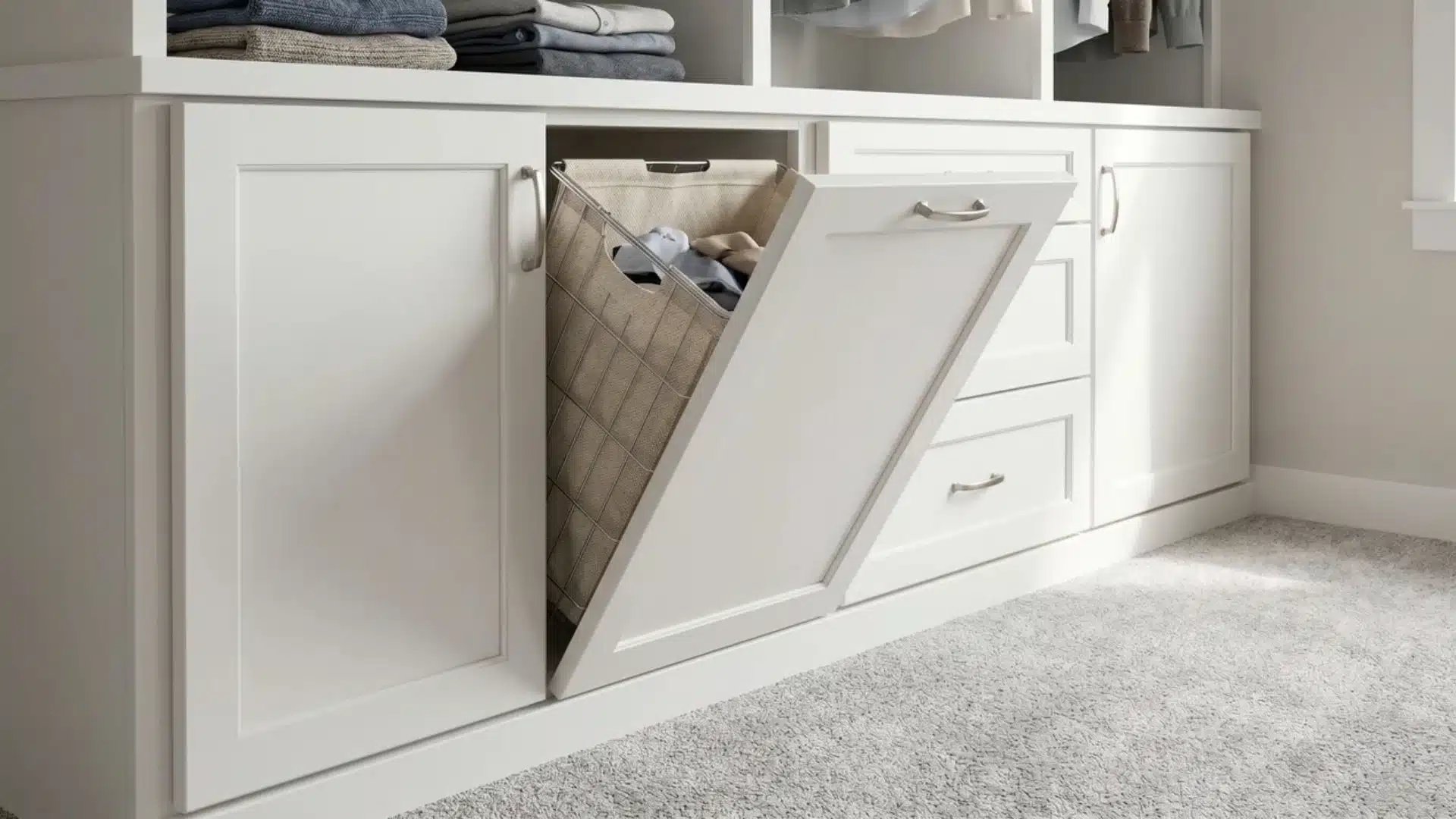 built-in closet hamper cabinet tilted open with laundry liner inside lower section