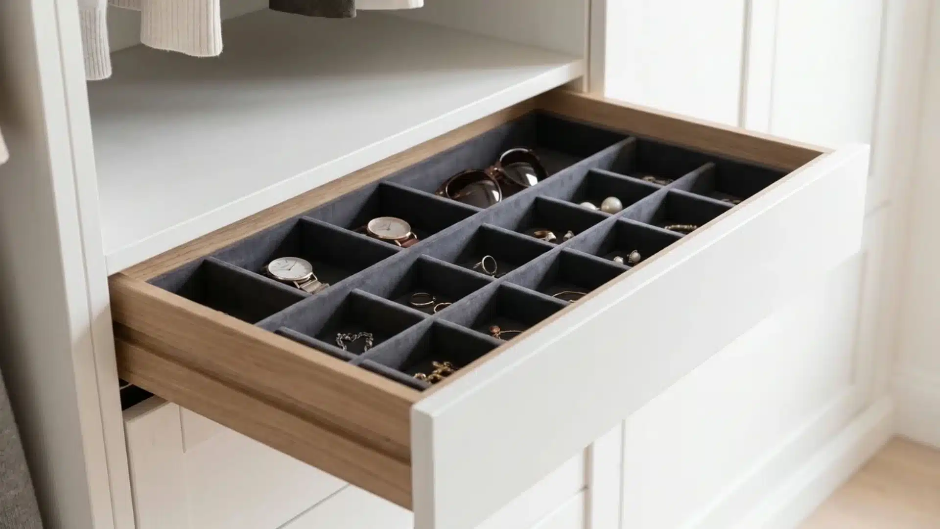 shallow closet drawer with velvet divider insert organizing jewelry watches and sunglasses