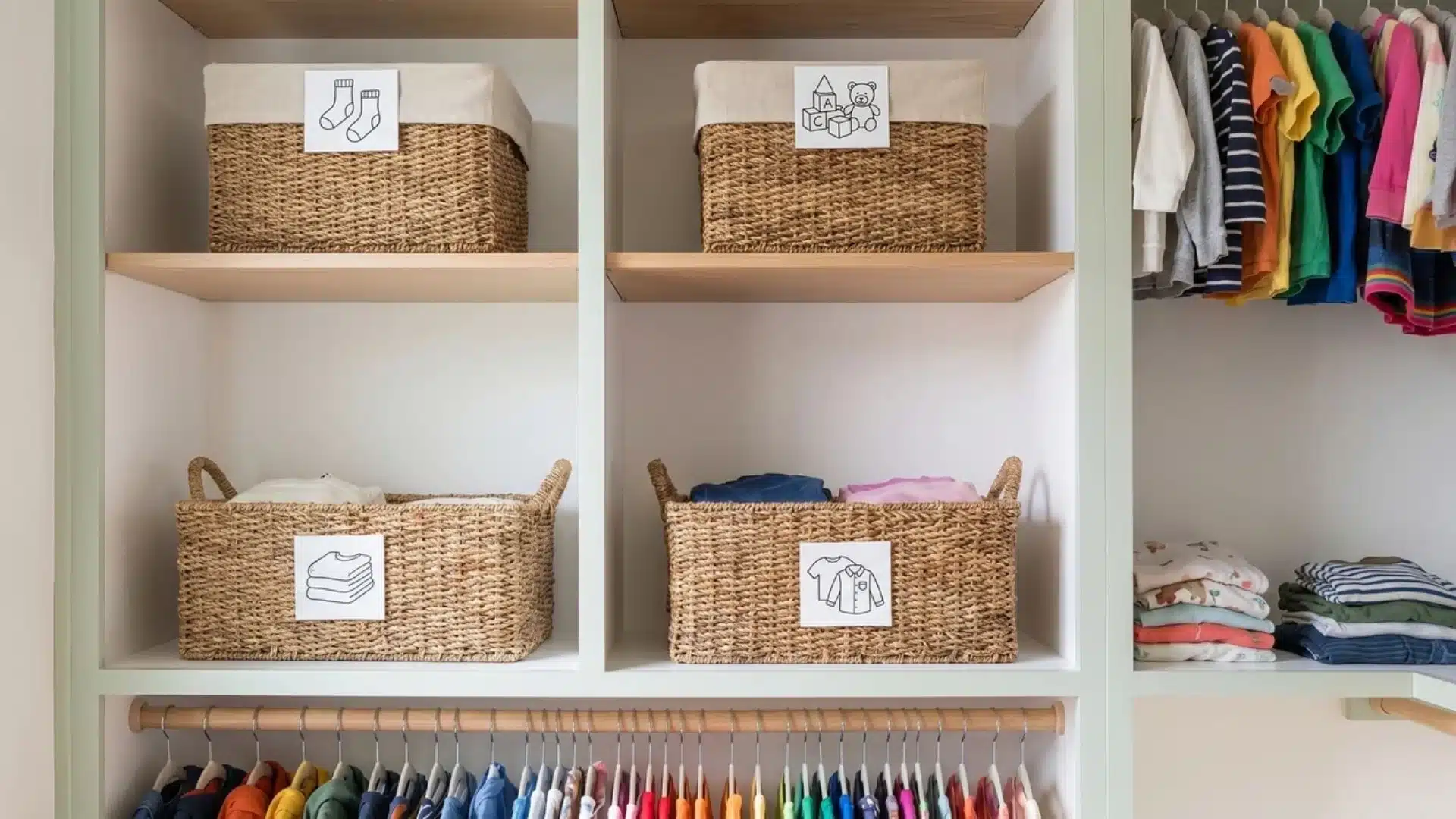 Soft white kids' closet with sage accents and cubbies of picture-labeled bins for socks, toys, and clothes.