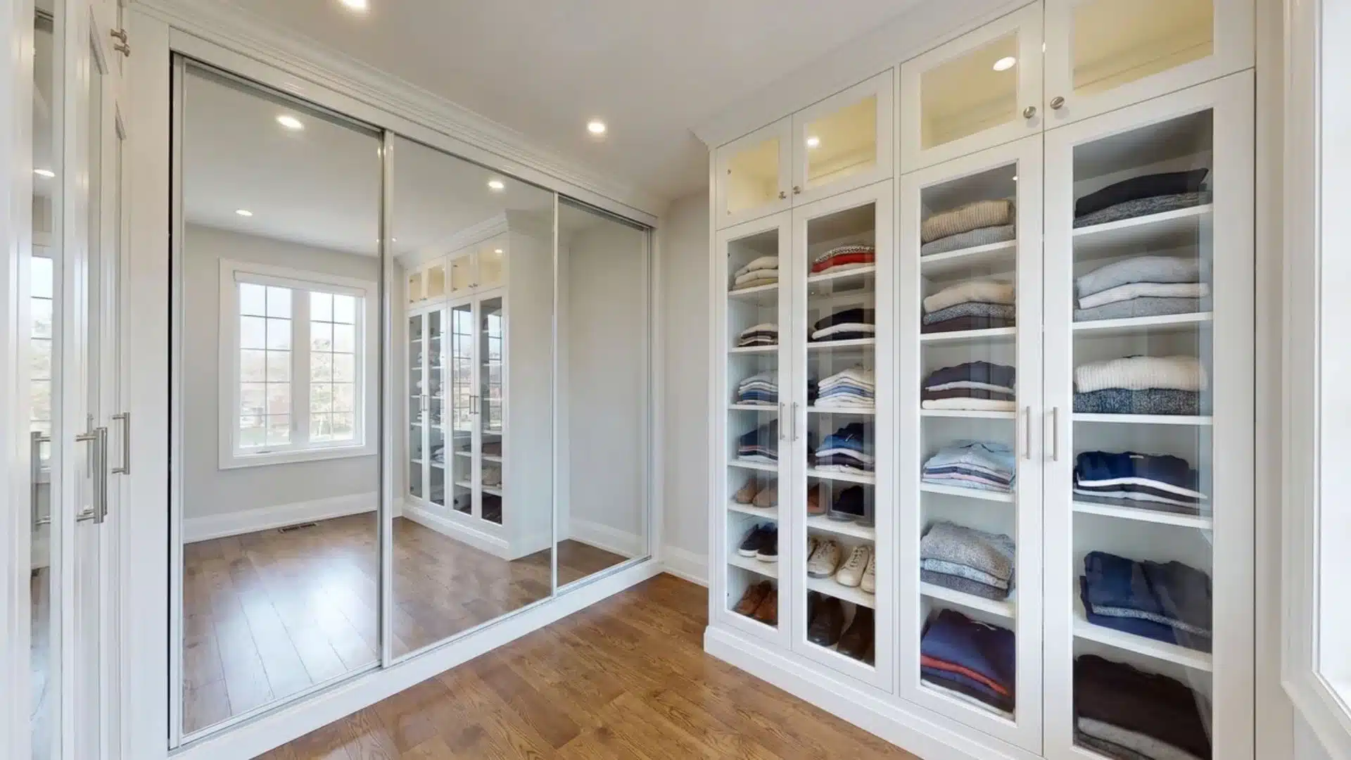 walk-in closet with mirrored panels and glass-front cabinets showing organized storage
