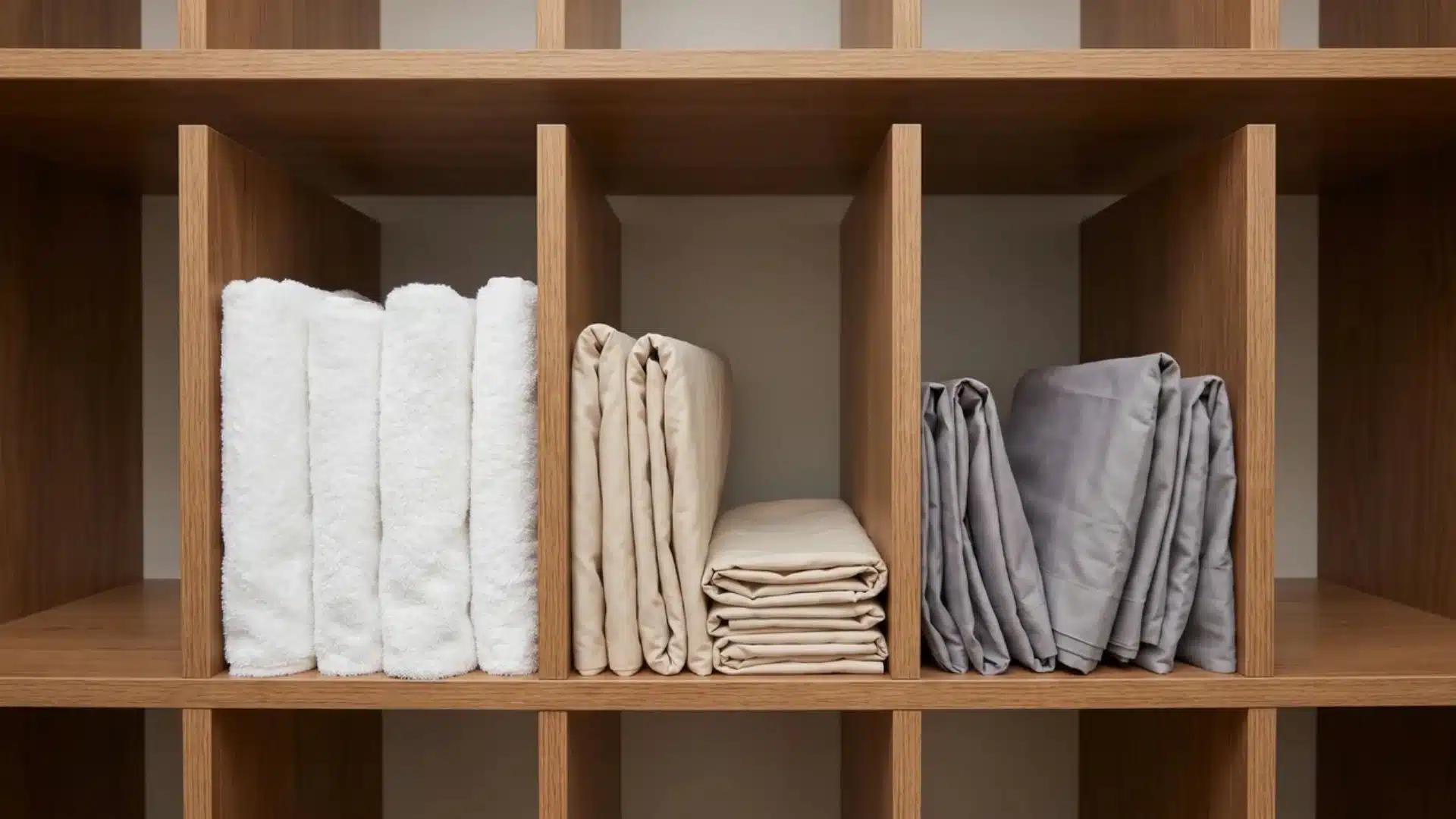linen closet shelf with vertical dividers separating towels sheets and pillowcases