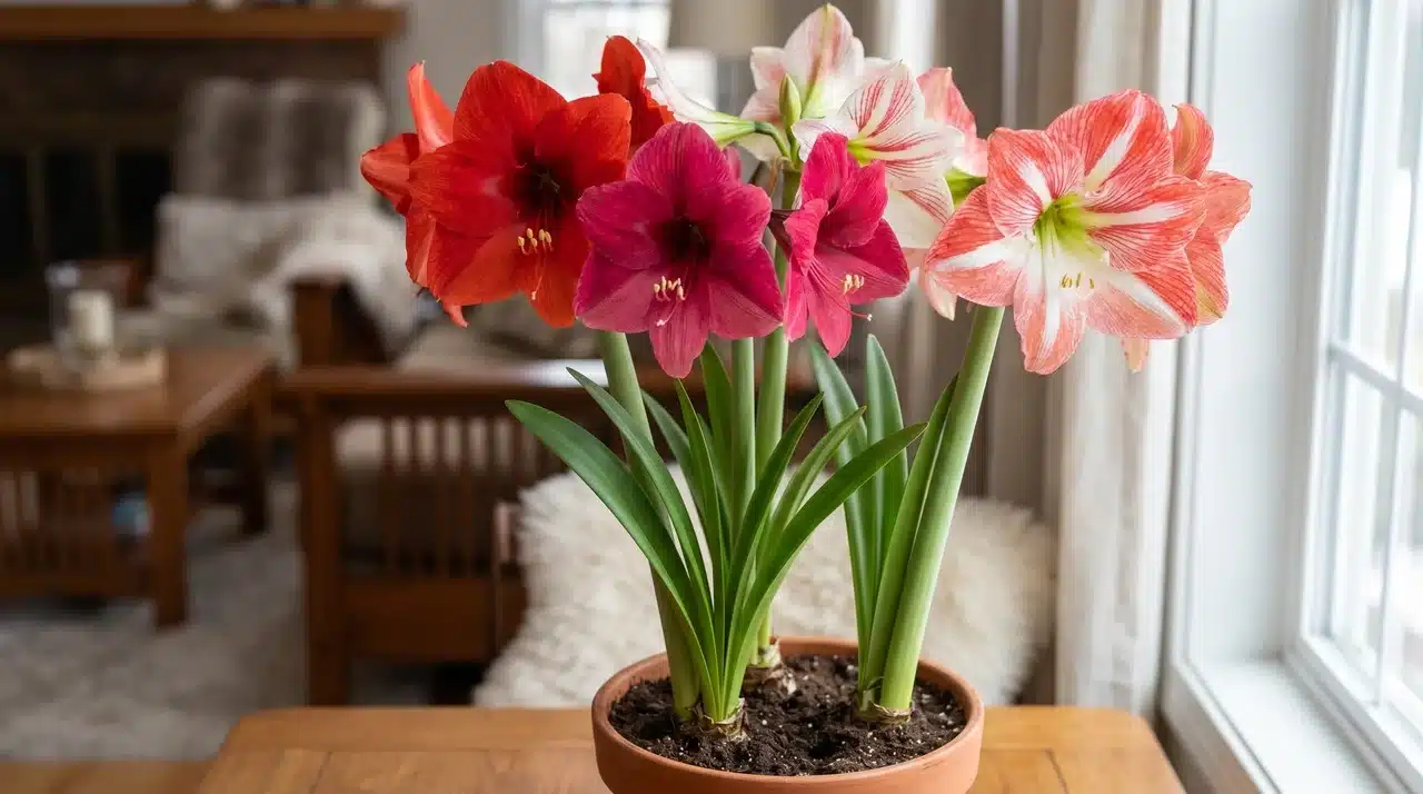 Large amaryllis flowers blooming indoors from a potted bulb.
